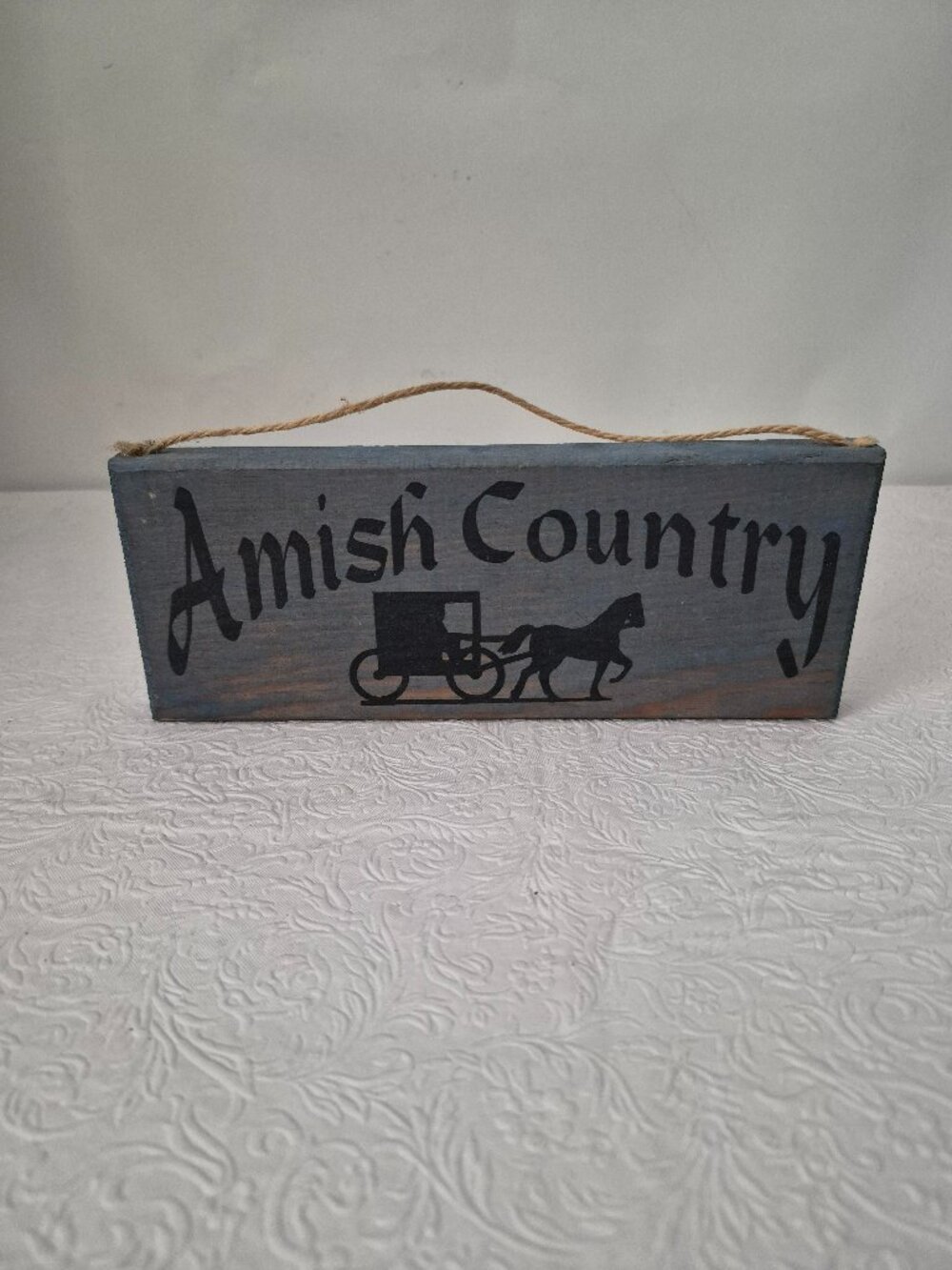Handcrafted Wooden Amish Country Hanging Sign 9" Slate Gray Horse & Buggy Twine